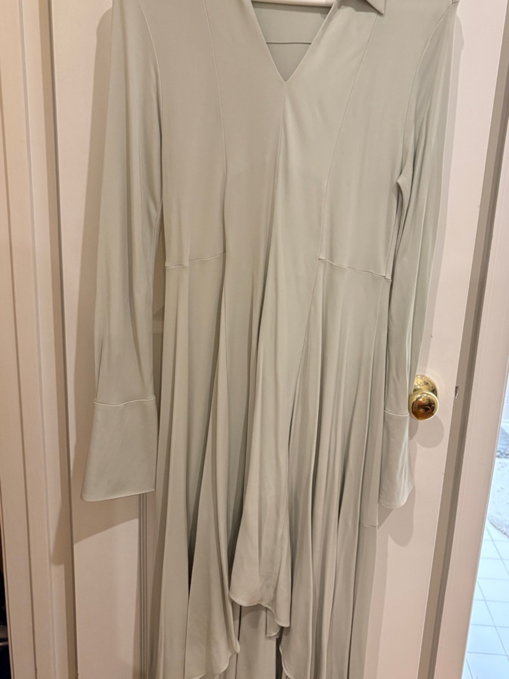 Rebecca Taylor Long-Sleeve V-Neck Dress in Light Sage Green